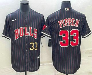 Mens Chicago Bulls #33 Scottie Pippen Number Black With Patch Cool Base Stitched Baseball Jerseys